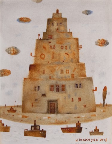 Peinture intitulée "Tower near the wate…" par Vladimir Makeyev, Œuvre d'art originale, Huile