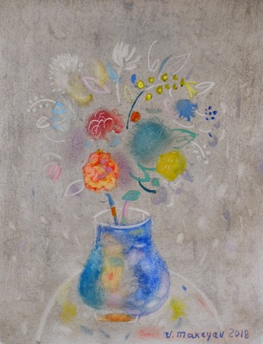 Картина под названием "Flowers in a blue v…" - Vladimir Makeyev, Подлинное произведение искусства, Масло
