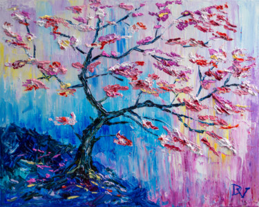 Painting titled "Blossom cherry on t…" by Vladyslav Durniev, Original Artwork, Oil Mounted on Wood Stretcher frame