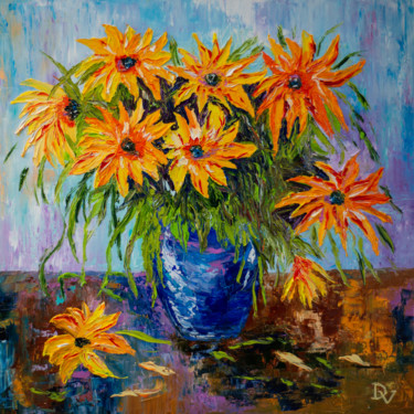 Painting titled "Yellow flowers" by Vladyslav Durniev, Original Artwork, Oil Mounted on Wood Stretcher frame