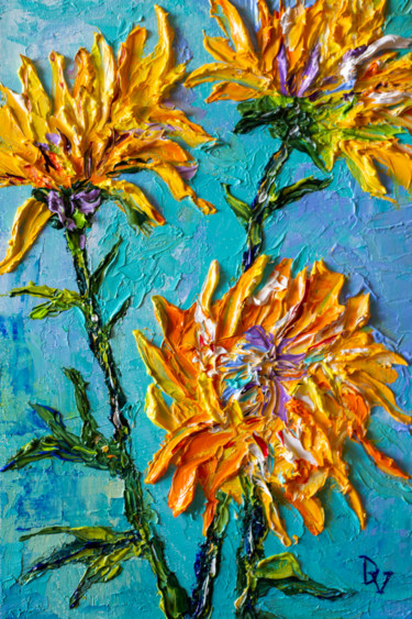 Painting titled "Chrysanthemums" by Vladyslav Durniev, Original Artwork, Oil Mounted on Cardboard