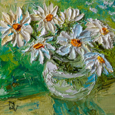 Painting titled "Daisy flowers(frame…" by Vladyslav Durniev, Original Artwork, Oil Mounted on Cardboard