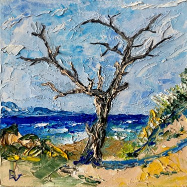 Painting titled "Dead tree by the se…" by Vladyslav Durniev, Original Artwork, Oil Mounted on Cardboard