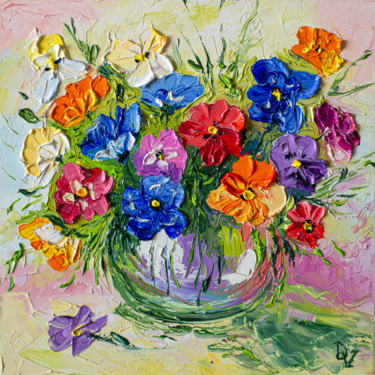 Painting titled "Pansy flowers" by Vladyslav Durniev, Original Artwork, Oil Mounted on Wood Stretcher frame