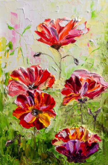 Painting titled "Red flowers(framed)" by Vladyslav Durniev, Original Artwork, Oil Mounted on Cardboard