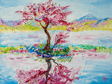 Painting titled "Reflection blossoms" by Vladyslav Durniev, Original Artwork, Oil Mounted on Cardboard