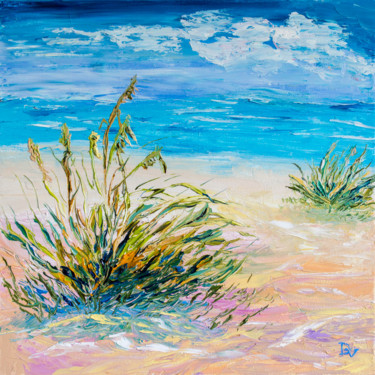 Painting titled "Grass on the shore" by Vladyslav Durniev, Original Artwork, Oil Mounted on Wood Stretcher frame