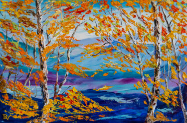 Painting titled "Birches in gold" by Vladyslav Durniev, Original Artwork, Oil Mounted on Wood Stretcher frame