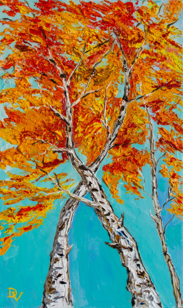 Painting titled "Dancing birches" by Vladyslav Durniev, Original Artwork, Oil Mounted on Wood Stretcher frame