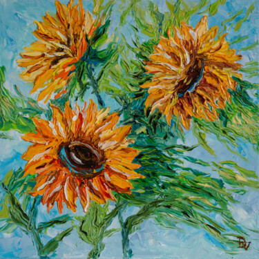 Painting titled "Sunflowers dance" by Vladyslav Durniev, Original Artwork, Oil Mounted on Wood Stretcher frame