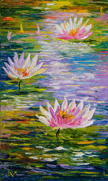 Painting titled "Joyful water lilies" by Vladyslav Durniev, Original Artwork, Oil Mounted on Wood Stretcher frame