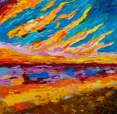 Painting titled "DRAMATIC SUNSET" by Vladyslav Durniev, Original Artwork, Oil Mounted on Wood Stretcher frame