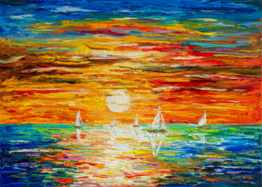 Peinture intitulée "Regatta on sunset" par Vladyslav Durniev, Œuvre d'art originale, Huile Monté sur Châssis en bois