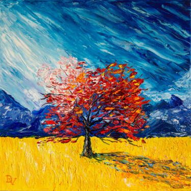 Painting titled "Red tree in a yello…" by Vladyslav Durniev, Original Artwork, Oil Mounted on Wood Stretcher frame