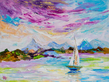 Painting titled "Sailing in colorful…" by Vladyslav Durniev, Original Artwork, Oil Mounted on Wood Stretcher frame