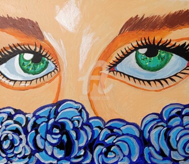 Painting titled "Green eyes among bl…" by Vladyslav Savchenko, Original Artwork, Acrylic Mounted on Wood Panel