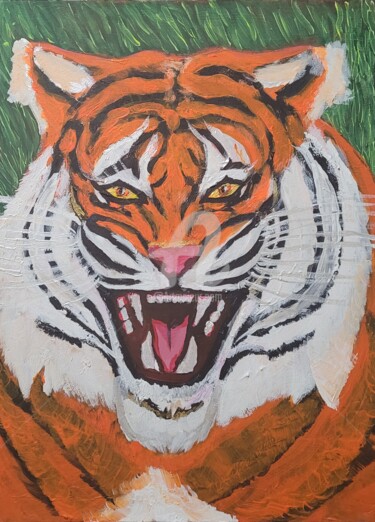 Painting titled "Tiger" by Vladyslav Savchenko, Original Artwork, Acrylic Mounted on Wood Stretcher frame