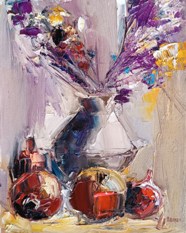Painting titled "Floral and Fruit El…" by Vlas Ayvazyan, Original Artwork, Oil Mounted on Wood Stretcher frame