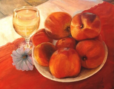 Peinture intitulée "Персики и бокал вин…" par Viacheslav Vlasov, Œuvre d'art originale, Huile