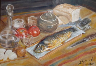 Painting titled "натюрморт с копчёно…" by Viacheslav Vlasov, Original Artwork, Oil