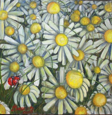 Картина под названием "Ромашки и букашки" - Вячеслав Власов, Подлинное произведение искусства, Масло
