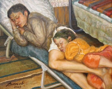 Painting titled "Брат и сестра в дер…" by Viacheslav Vlasov, Original Artwork, Oil