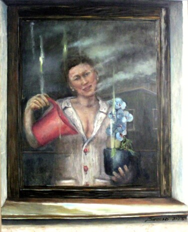 Painting titled "Соседка с орхидеей" by Viacheslav Vlasov, Original Artwork, Oil