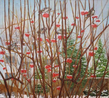 Картина под названием "Свиристели на калине" - Вячеслав Власов, Подлинное произведение искусства, Масло