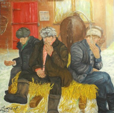 Картина под названием "Колхозники ждут отк…" - Вячеслав Власов, Подлинное произведение искусства, Масло