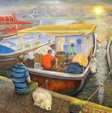 Картина под названием "Рыбаки на закате" - Вячеслав Власов, Подлинное произведение искусства, Масло