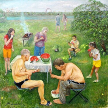 Картина под названием "Пикник в парке Моск…" - Вячеслав Власов, Подлинное произведение искусства, Масло