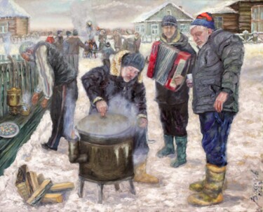 Malerei mit dem Titel "Проводы русской зим…" von Viacheslav Vlasov, Original-Kunstwerk, Öl