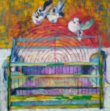 Painting titled "The Bird Cage" by Vlasta, Original Artwork, Oil