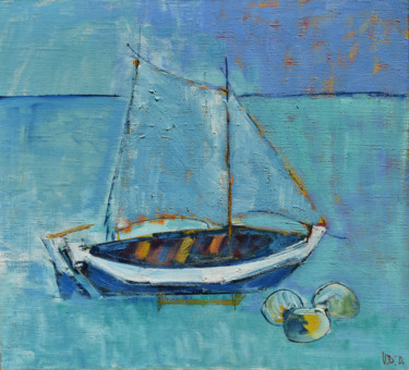 Painting titled "Blue Boat" by Vlasta, Original Artwork, Oil Mounted on Wood Stretcher frame
