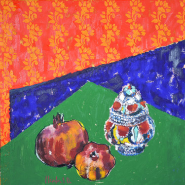 Painting titled "Taste of Pomegranate" by Vlasta, Original Artwork, Oil Mounted on Wood Stretcher frame
