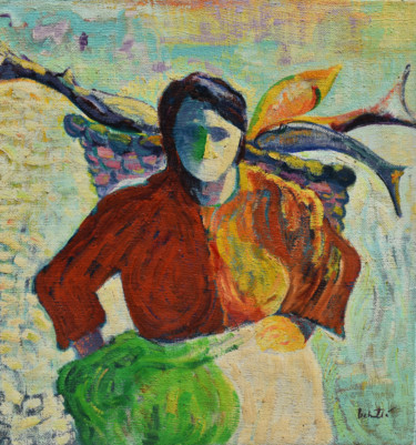 Painting titled "Fisherwoman" by Vlasta, Original Artwork, Oil Mounted on Wood Stretcher frame