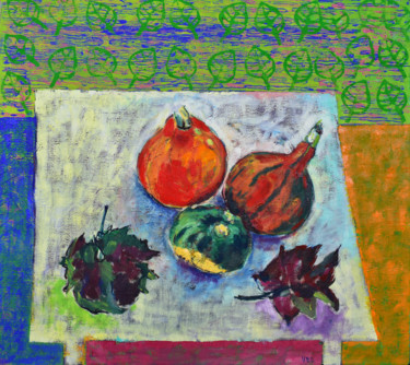 Painting titled "Pumpkins" by Vlasta, Original Artwork, Oil Mounted on Wood Stretcher frame