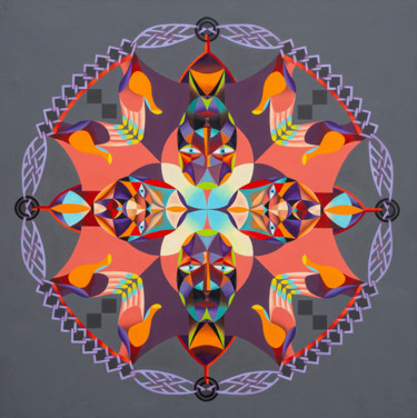 Картина под названием "Faces Mandala" - Eugenia Deniseva, Подлинное произведение искусства, Масло Установлен на Деревянная р…