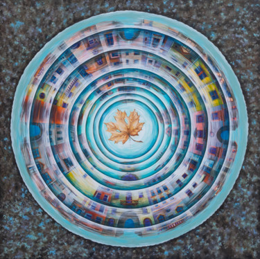 Painting titled "Puddle Mandala" by Eugenia Deniseva, Original Artwork, Oil Mounted on Wood Stretcher frame