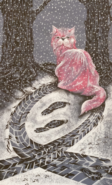 Рисунок под названием "Christmas Cat" - Eugenia Deniseva, Подлинное произведение искусства, Темпера