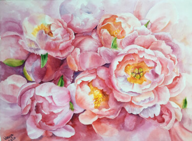 Картина под названием "Розовые пионы" - Валентина Мороз, Подлинное произведение искусства, Акварель