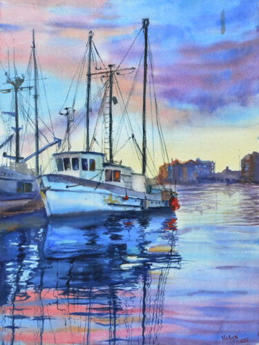Картина под названием "Яхта в порту на зак…" - Валентина Мороз, Подлинное произведение искусства, Акварель
