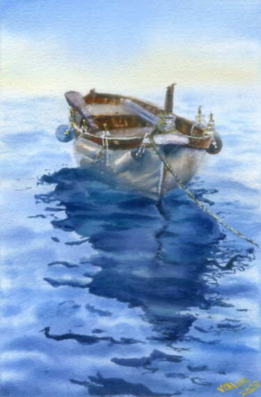Картина под названием "Рыбацкая лодка в мо…" - Валентина Мороз, Подлинное произведение искусства, Акварель