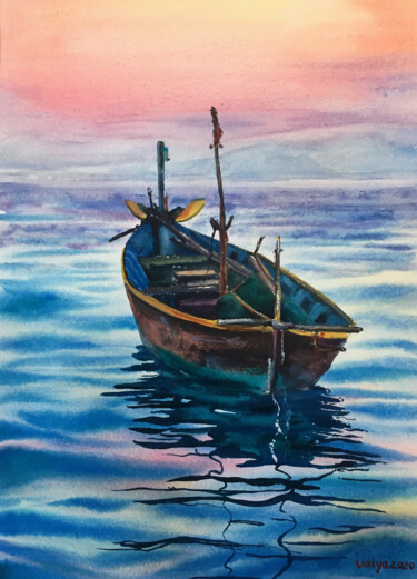 Peinture intitulée "Рыбацкая лодка на з…" par Valentina Moroz, Œuvre d'art originale, Aquarelle