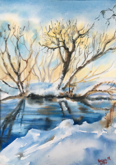 Картина под названием "Зимний пейзаж" - Валентина Мороз, Подлинное произведение искусства, Акварель