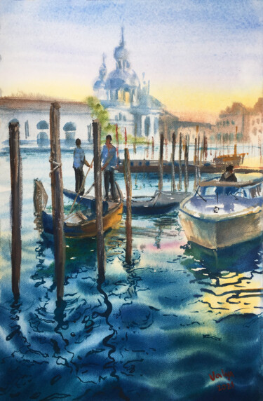 Peinture intitulée "Венеция заход солнца" par Valentina Moroz, Œuvre d'art originale, Aquarelle