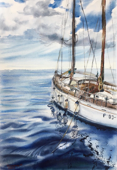 「Яхта в море」というタイトルの絵画 Валентина Морозによって, オリジナルのアートワーク, 水彩画