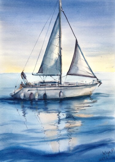 Malerei mit dem Titel "Яхта в море. Штиль" von Valentina Moroz, Original-Kunstwerk, Aquarell