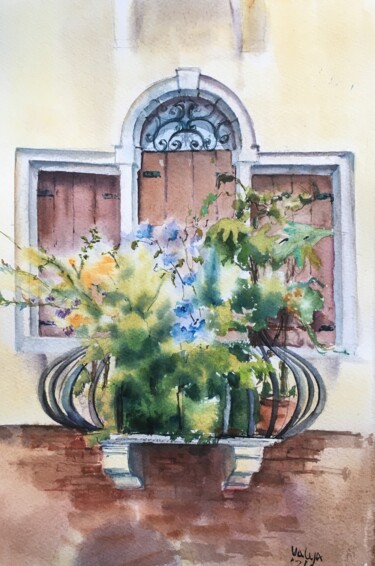 Painting titled "Балкон с цветами" by Valentina Moroz, Original Artwork, Watercolor