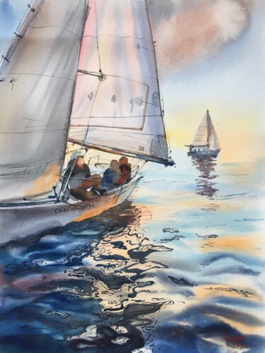 Картина под названием "Парусник в море на…" - Валентина Мороз, Подлинное произведение искусства, Акварель